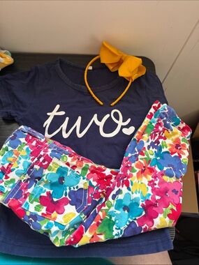 Navy Two Tee with Colorful Floral Pants and Yellow Bow Headband